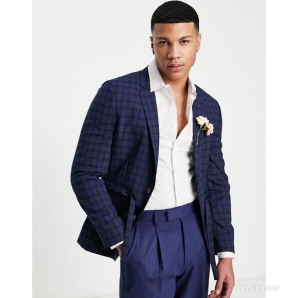 ASOS DESIGN skinny suit belted jacket with dark blue windowpane check - Picture 3 of 10